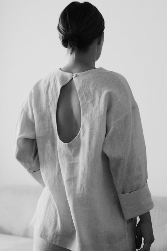 Outfit by Maria Hason | All Linen Pearl Gray Pants & Open back top