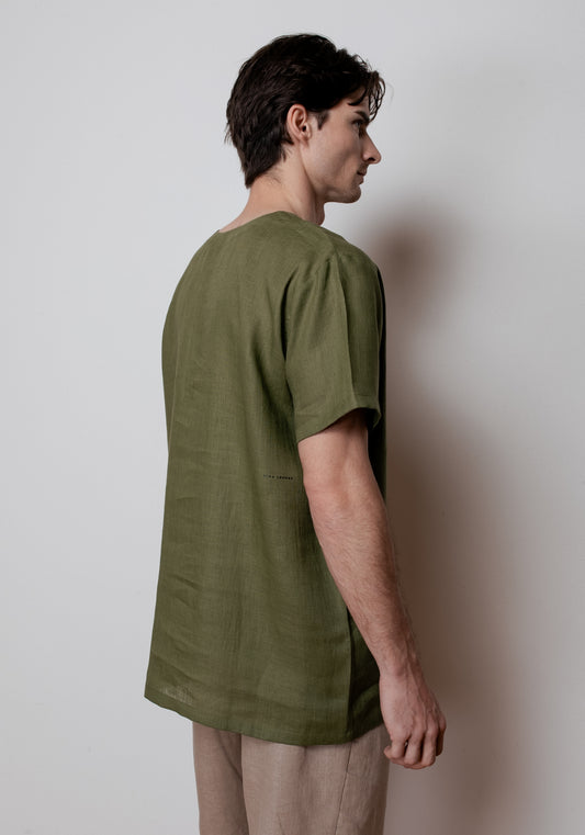 Męska regularna lniana koszulka T-shirt - Moss green