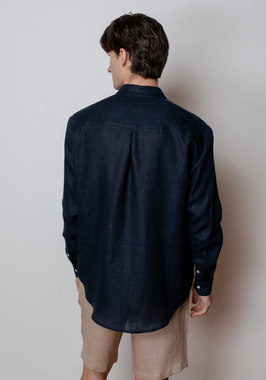 Men's linen shirt with collar - Deep blue