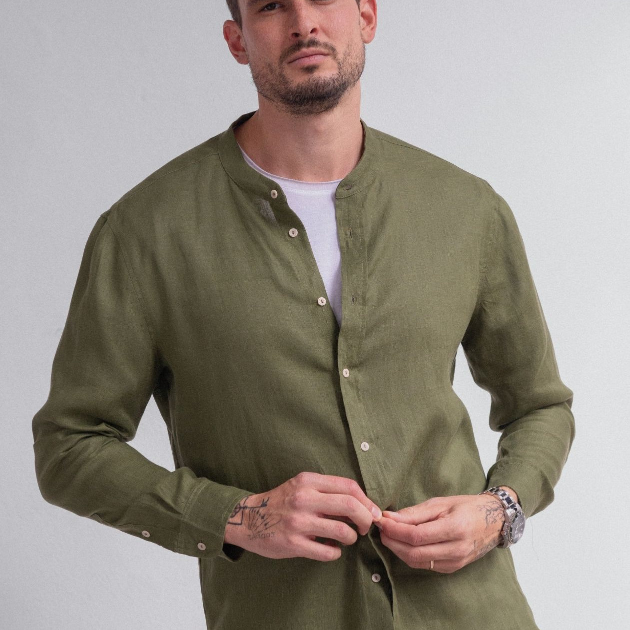 Men linen shirt without collar - regular fit