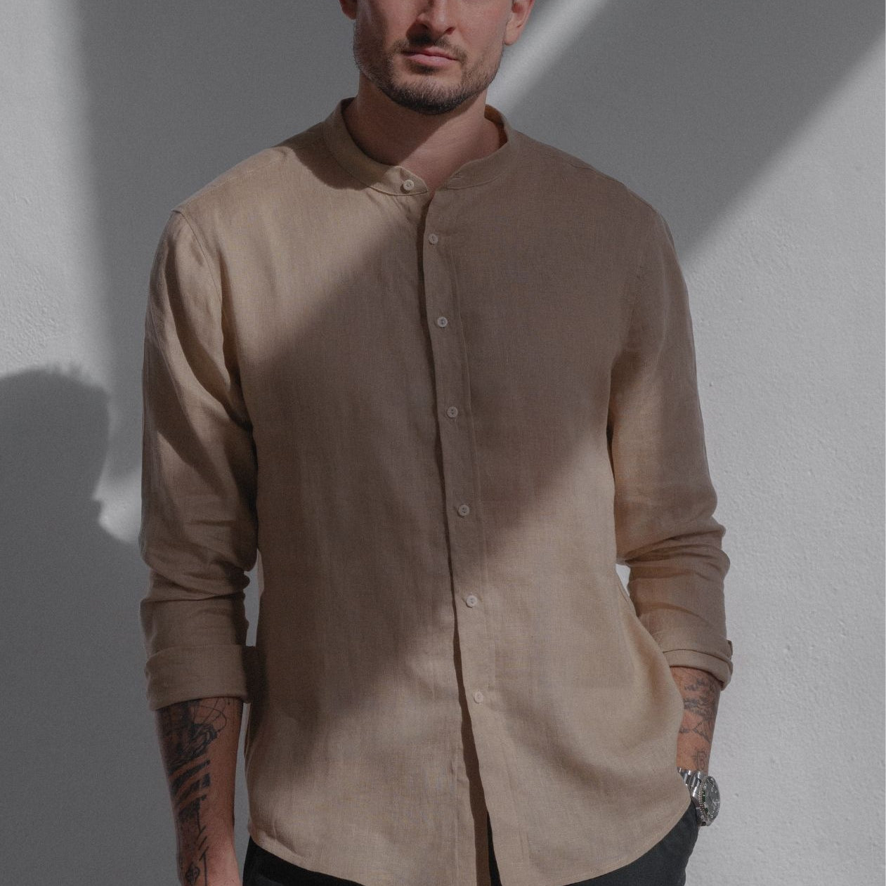 Men linen shirt without collar - regular fit