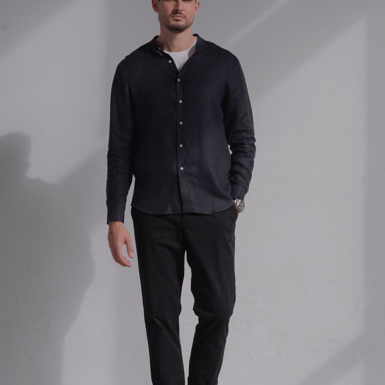 Men linen shirt without collar - regular fit