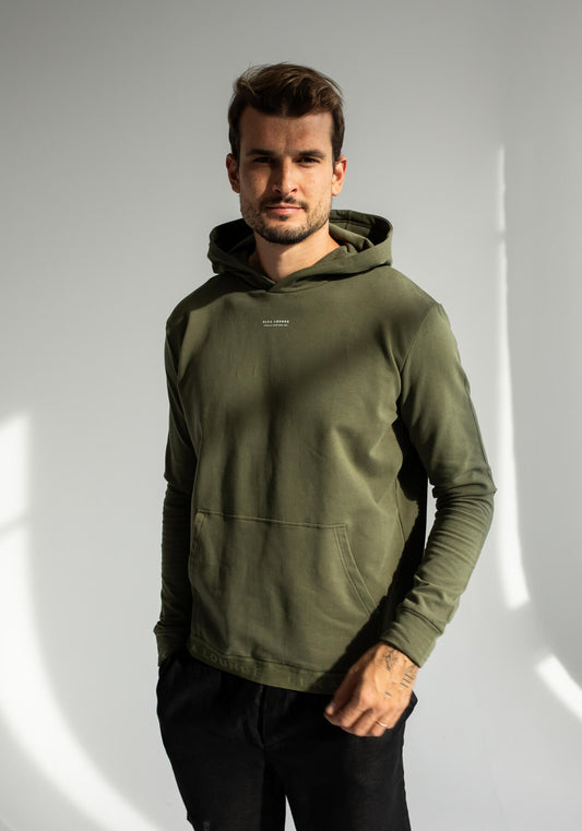 Pánská mikina s kapucí z biobavlny Moss green brushed - khaki regular