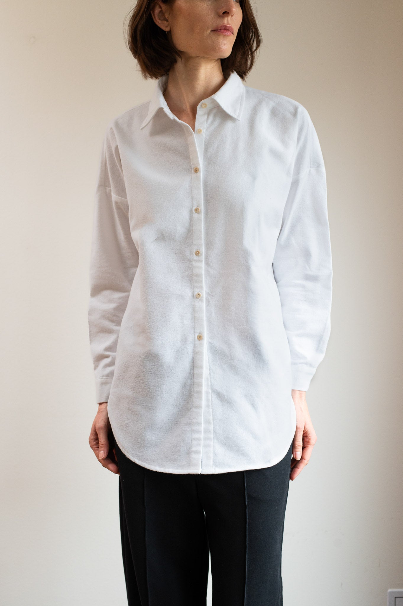 Women’s Flannel Shirt with Collar Loose Fit – White