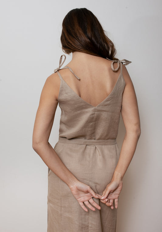 Women's linen long dress loose fit Beige - with belt