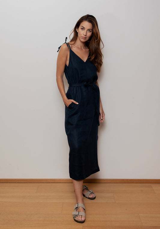 Women's linen long dress loose fit Deep blue - with belt