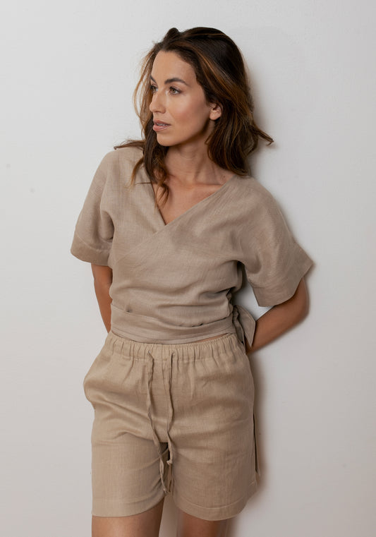 Dámsky ľanový zavinovací top regular - Beige Natural