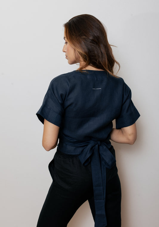 Dámsky ľanový zavinovací top regular - Deep blue