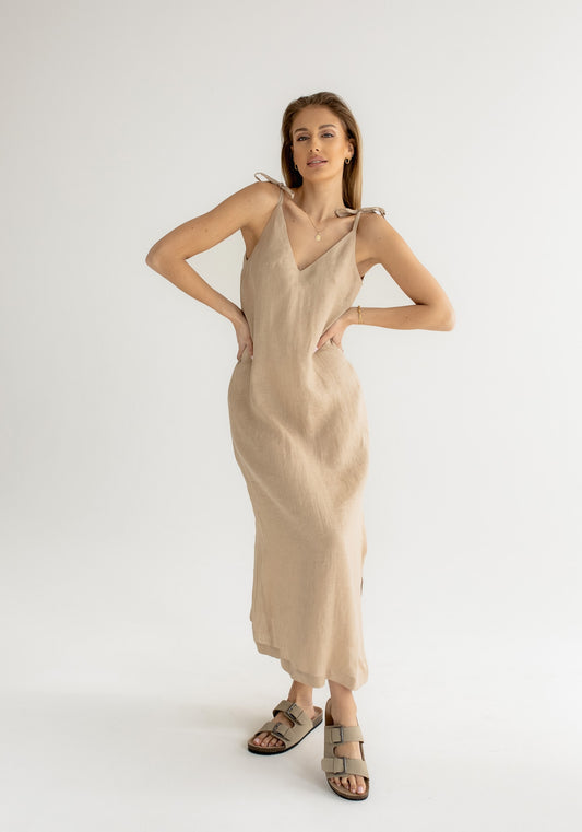 Women linen dress long loose fit Beige natural