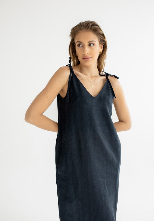 Women linen dress long loose fit Deep blue