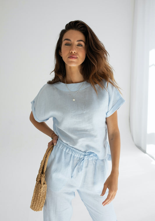 Dámské lněné kalhoty Light blue