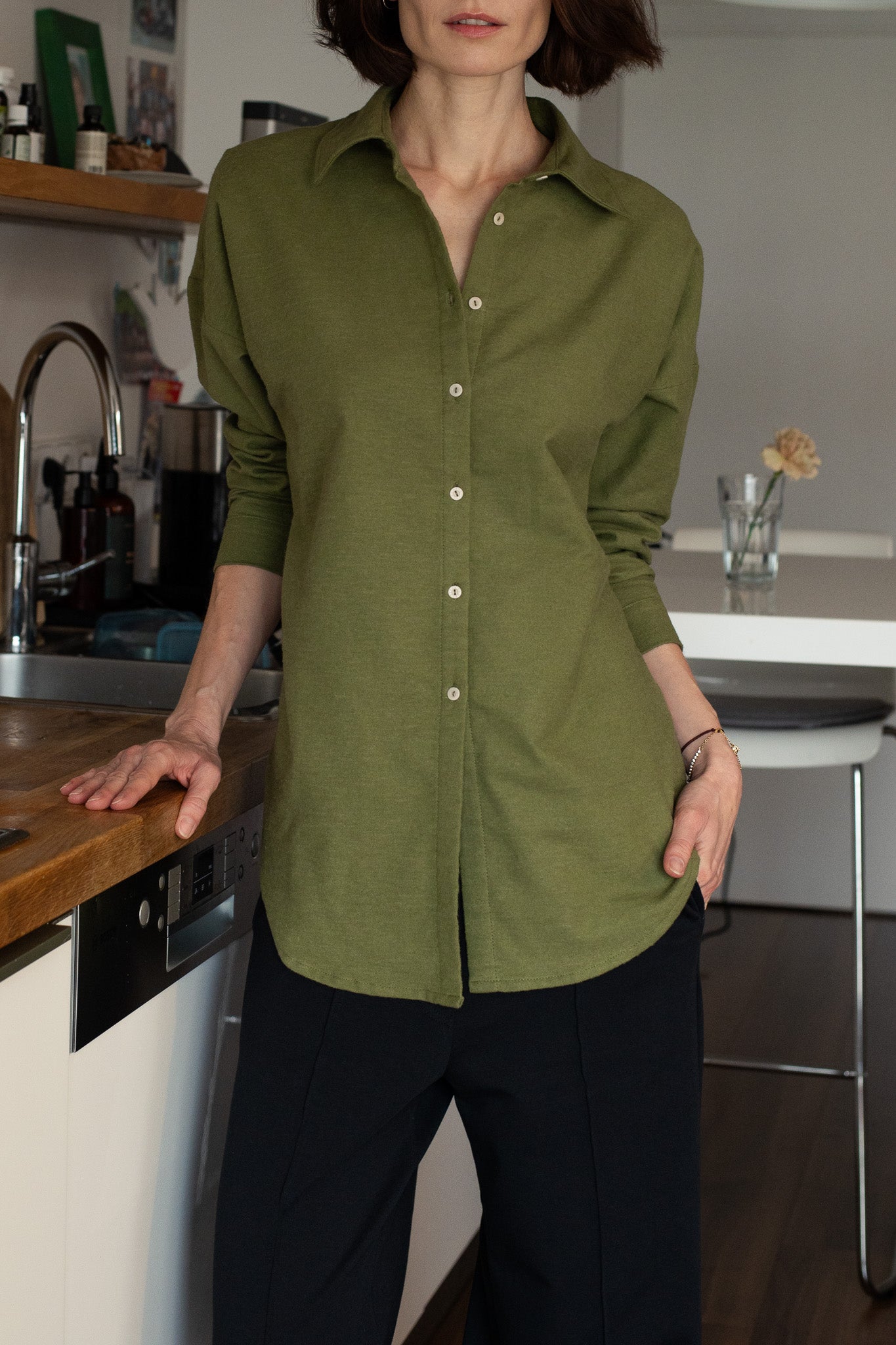 Dámská flanelová košile s límečkem loose fit - Moss green