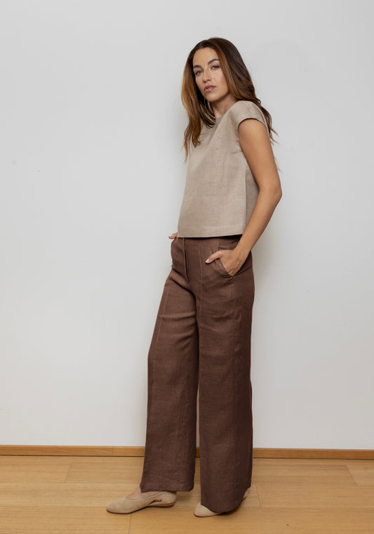 Women's wide-leg linen trousers - Brown