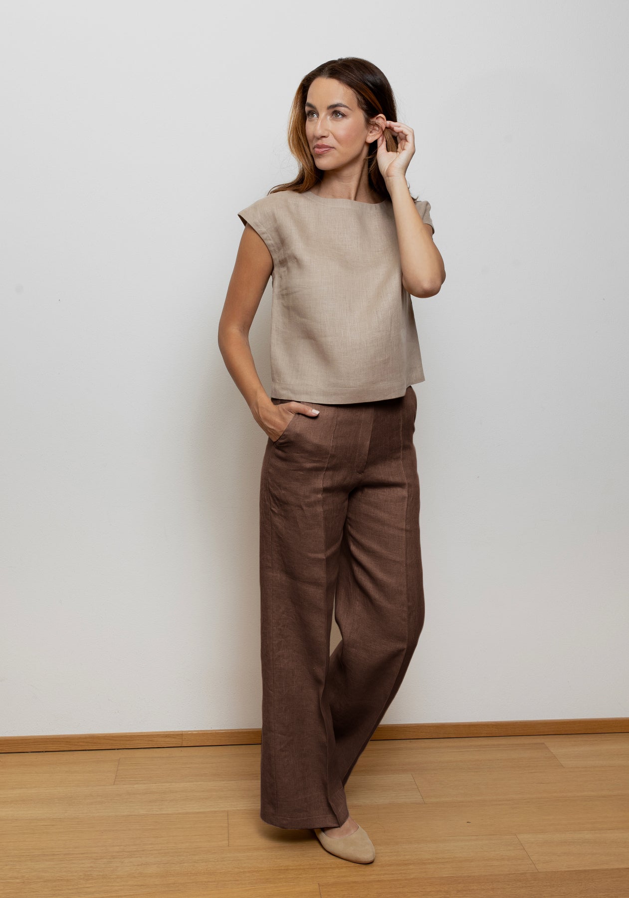 Dámske ľanové nohavice wide - Brown