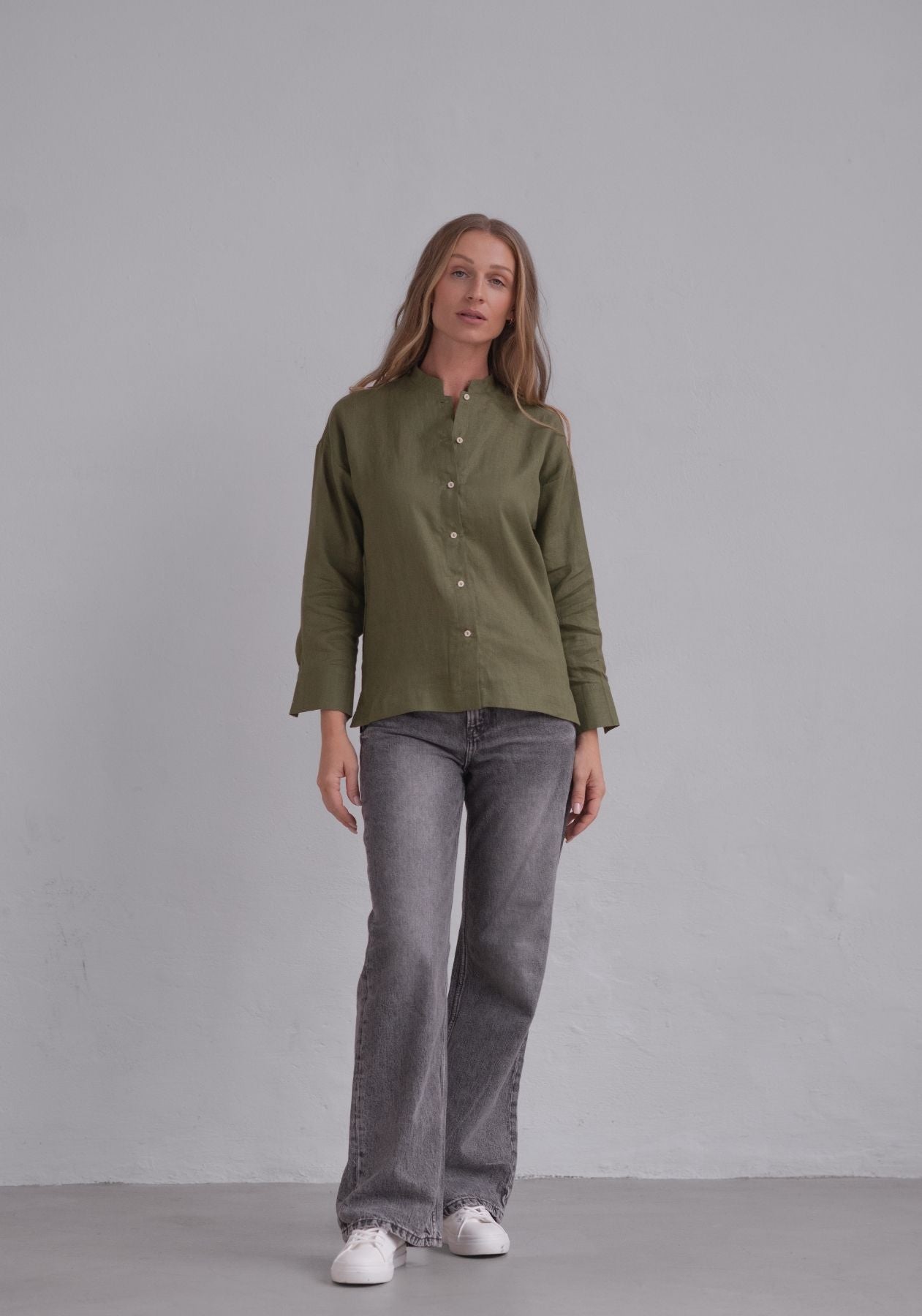 Women linen shirt regular fit Moss green