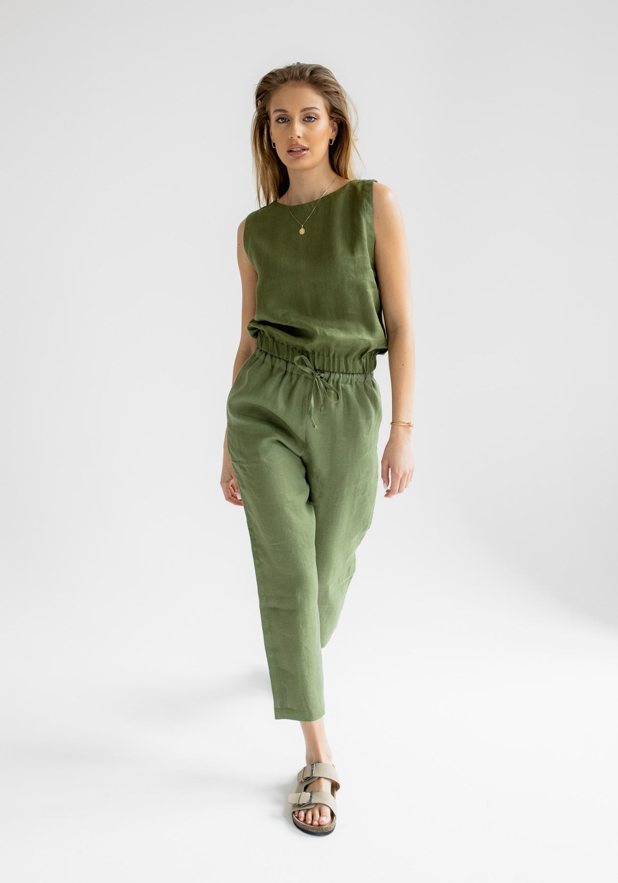 Dámský lněný crop top Moss green