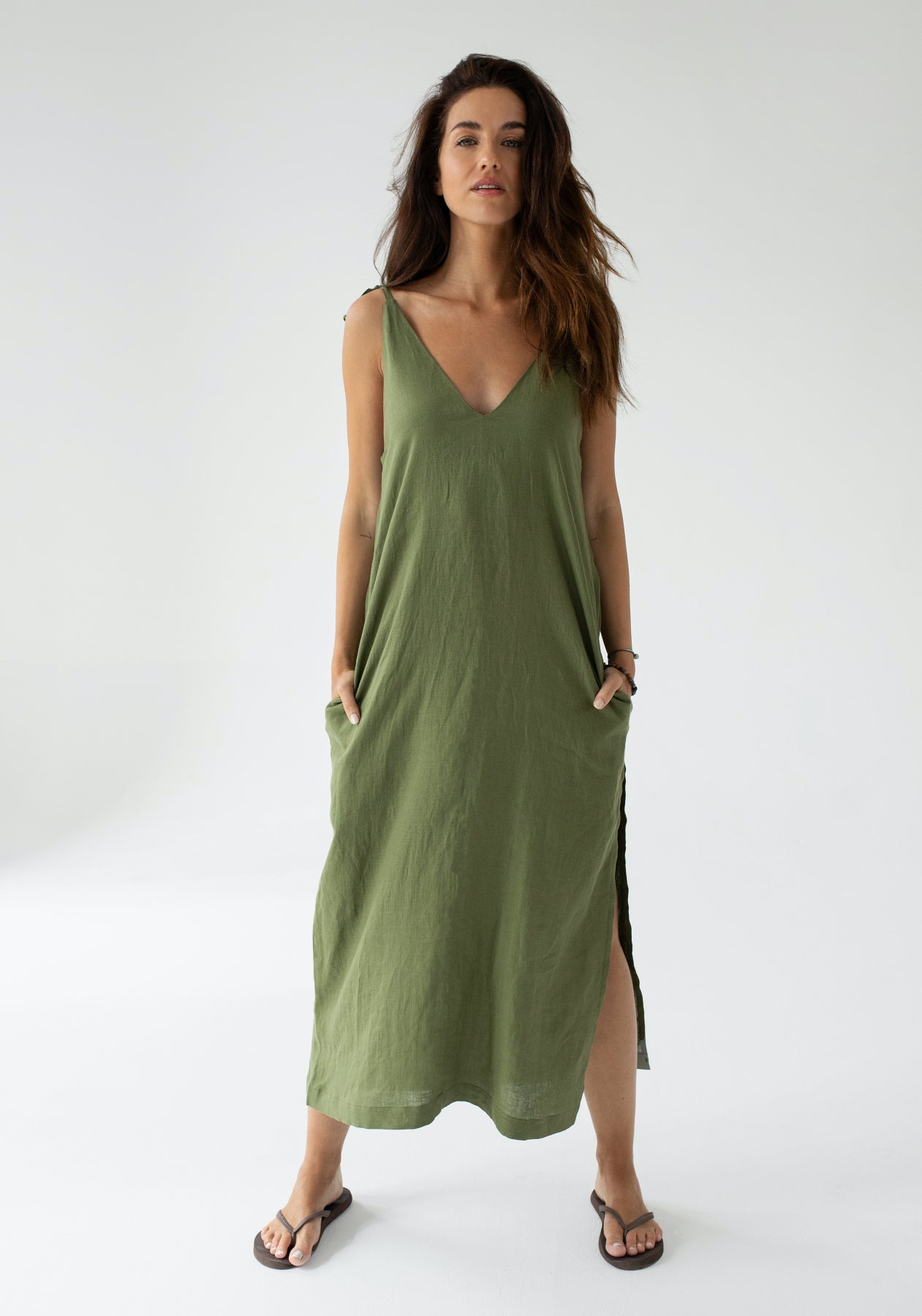 Women linen dress long loose fit Moss green