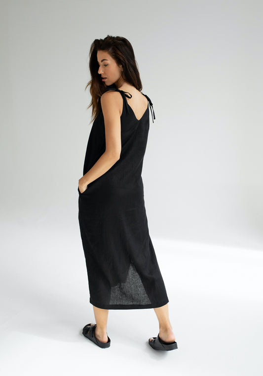 Women linen dress long loose fit Black