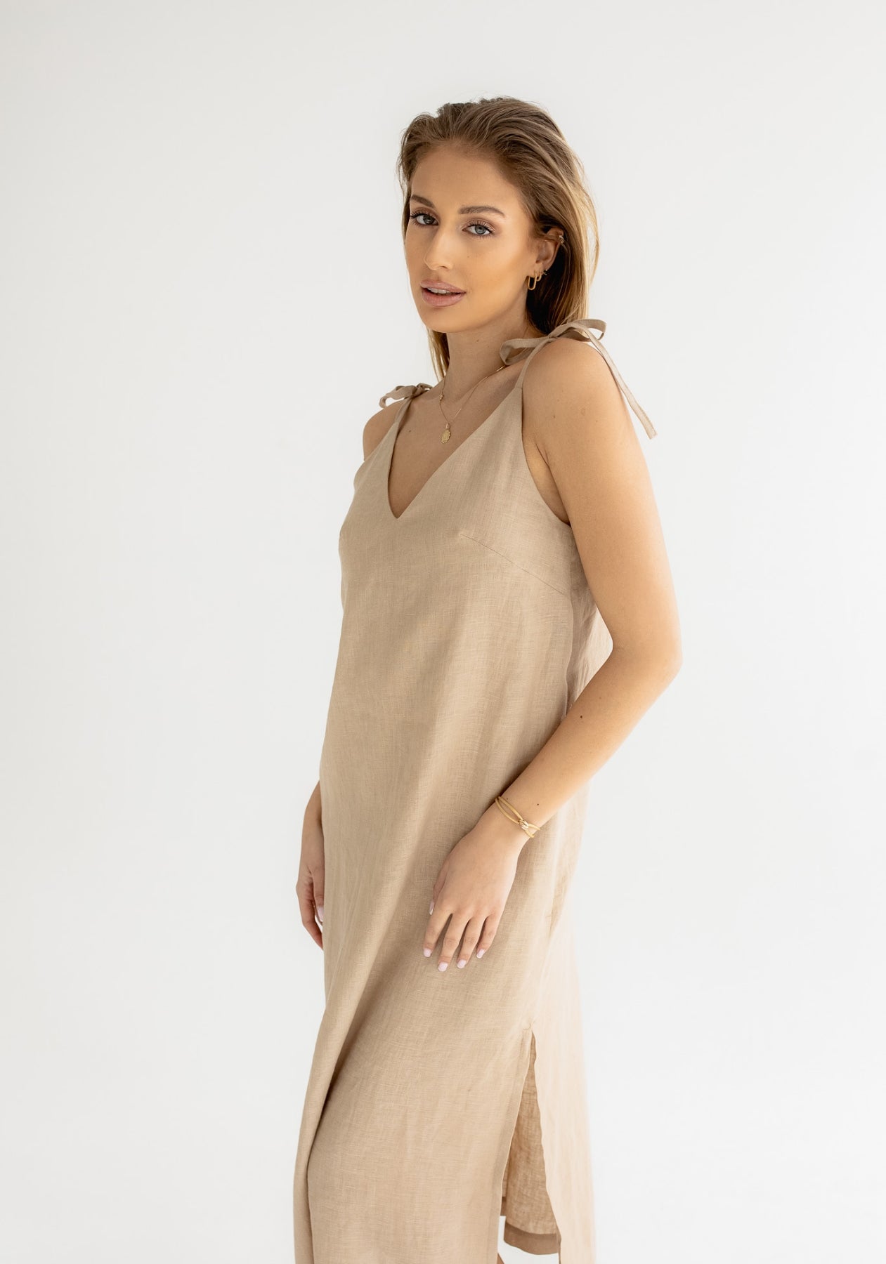 Dámské lněné šaty long loose fit Beige natural