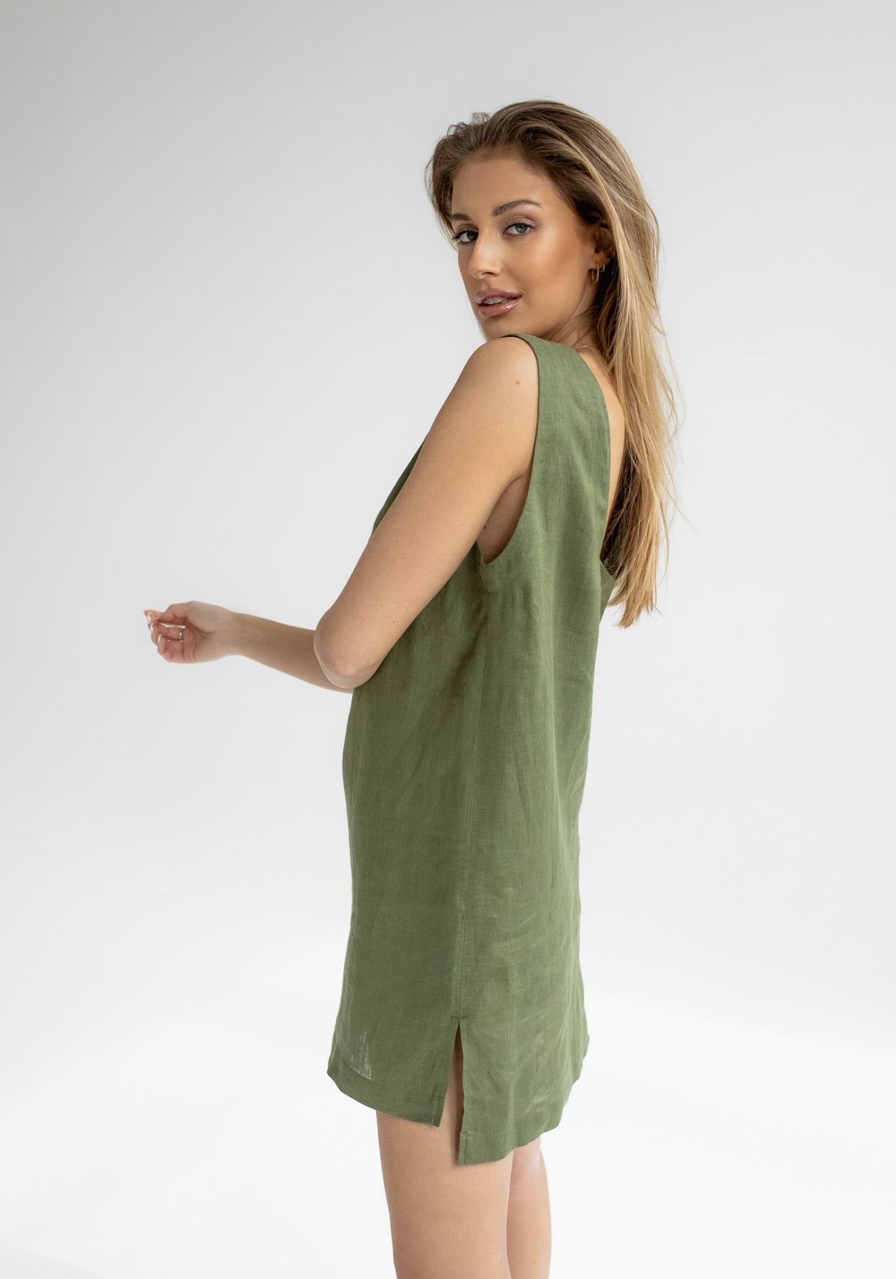 Women linen dress short regular fit Moss green