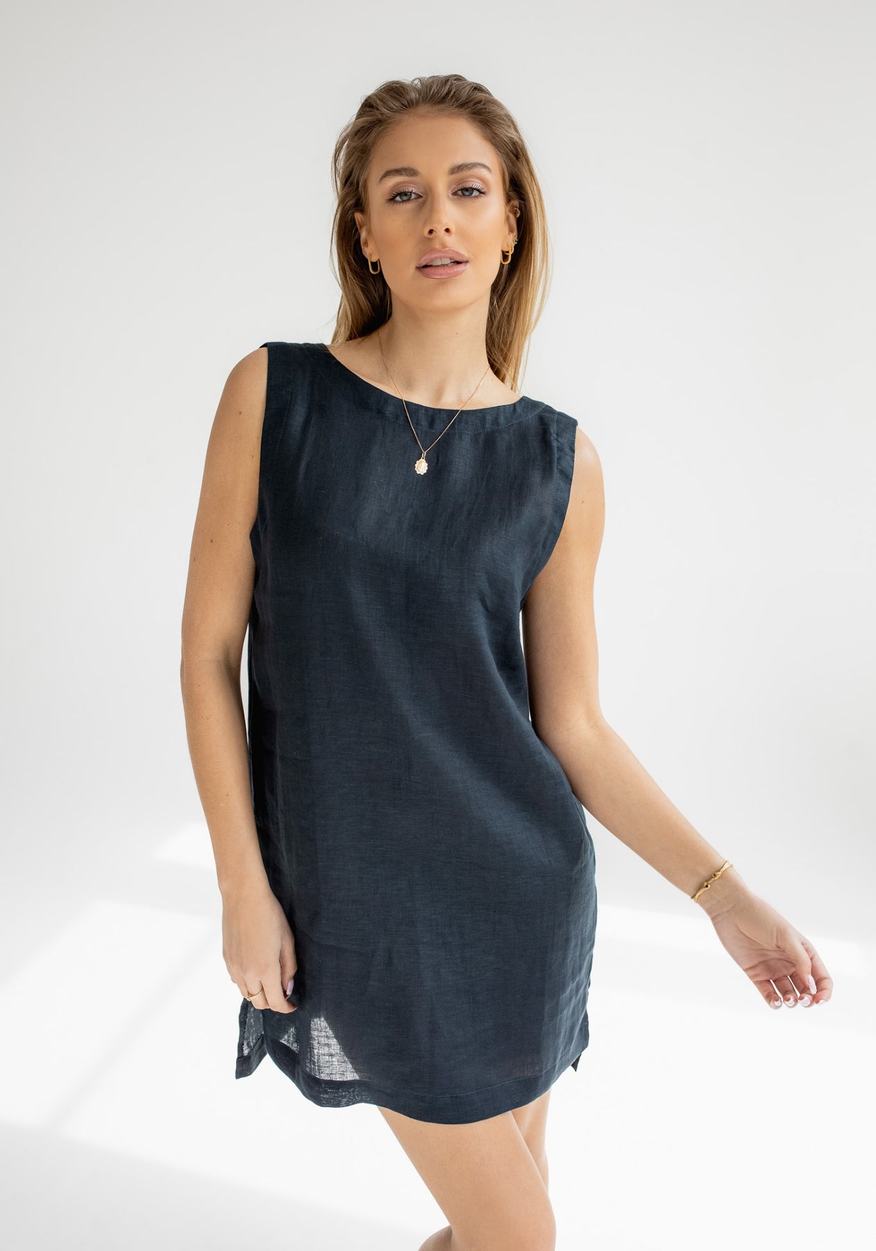 Women linen dress short regular fit Deep blue