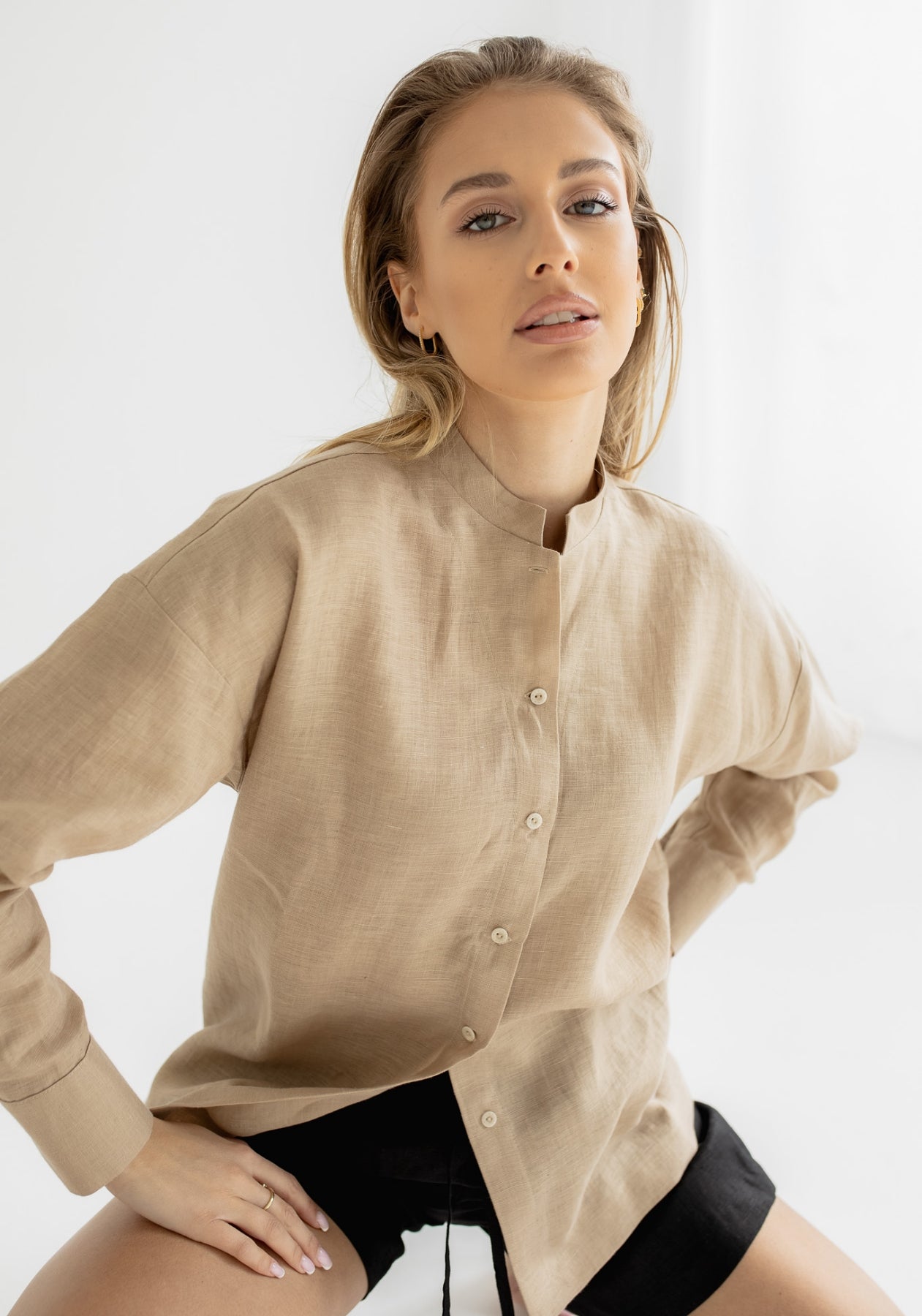 Women linen shirt regular fit Beige natural