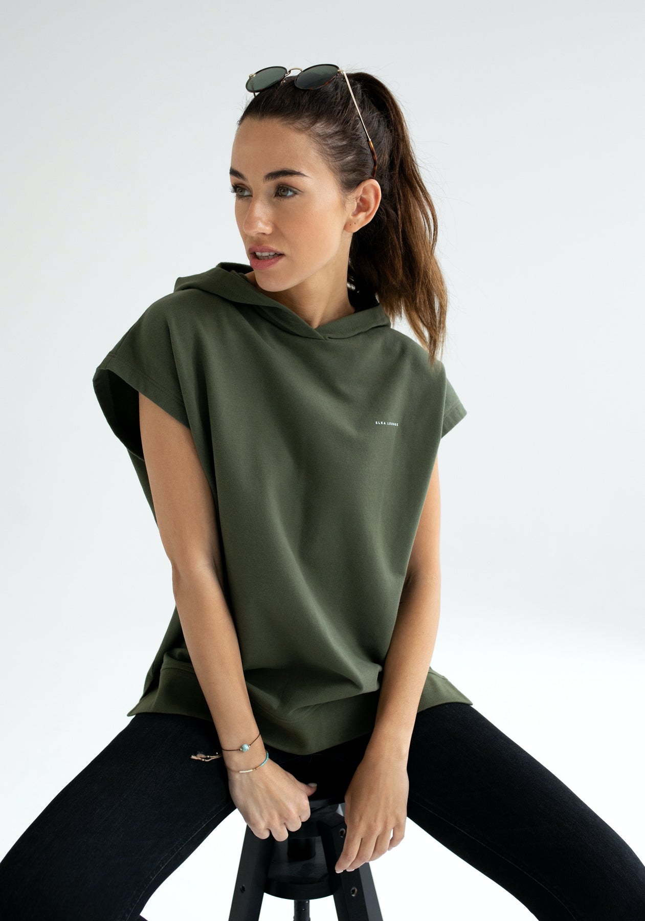 Women Sleeveless sweatshirt / vest organic cotton Moss green - Oversized