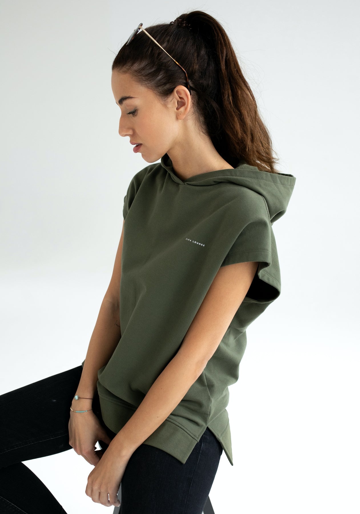 Women Sleeveless sweatshirt / vest organic cotton Moss green - Oversized